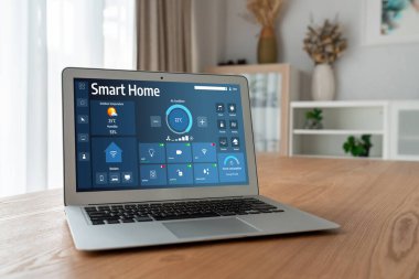 Smart home technology, centric remote control system with digital dashboard for air conditioning, safety security network or house automation. App software, ui panel programming IOT monitor snugly