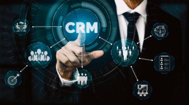 İş satış pazarlama sistemi konsepti için CRM Müşteri İlişkileri Yönetimi CRM veritabanı analizini desteklemek için hizmet uygulamasının fütüristik grafik arayüzünde sunulmuştur. uds