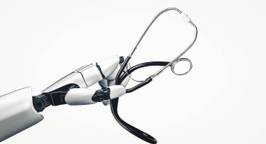 MLB 3D tıbbi yapay zeka robotu geleceğin hastanesinde çalışıyor. Hasta ve biyomedikal teknoloji konsepti için gelecekteki protez sağlık hizmetleri.