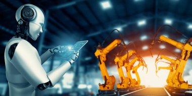 MLB Mekanize Endüstri Robotu ve robot silahları fabrika üretiminde kullanılacak. Sanayi devrimi ve otomasyon üretim süreci için yapay zeka kavramı.