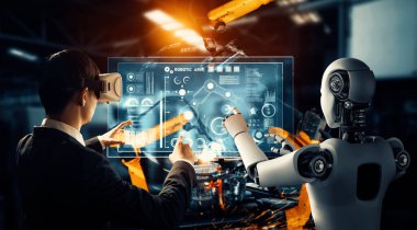 MLB Mekanize Endüstri Robotu ve insan işçileri gelecekteki fabrikada birlikte çalışıyorlar. Sanayi devrimi ve otomasyon üretim süreci için yapay zeka kavramı.