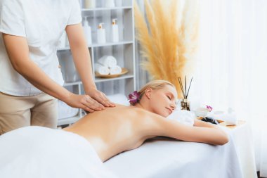 Kafkasyalı kadın müşteri stres önleyici spa masajının keyfini çıkarıyor ve lüks otel ya da oteldeki gündüz açık ortam güzellik salonunda güzellik teniyle eğleniyor. Sessiz.