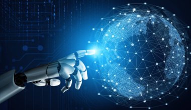 MLB 3D Rending futuristik robot teknolojisi geliştirme, yapay zeka yapay zeka ve makine öğrenme konsepti. İnsan hayatının geleceği için küresel robot biyonik bilim araştırması.