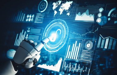 MLB 3D yorumlama fütüristik robot teknolojisi geliştirme, yapay zeka yapay zeka ve makine öğrenme kavramı. İnsan hayatının geleceği için küresel robot biyonik bilim araştırması.