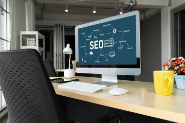 Model e-ticaret için SEO arama motoru optimizasyonu ve bilgisayar ekranında gösterilen çevrimiçi perakende işi