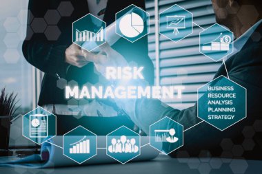 Risk Management and Assessment for Business Investment Concept. Modern interface showing symbols of strategy in risky plan analysis to control unpredictable loss and build financial safety. uds clipart