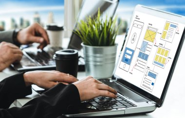 Model mobil uygulama ve web sitesi için UX UI tasarım süreci. Profesyonel uygulama geliştiricisi için kablo grafiğinin yaratıcı prototipi .