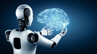 MLB 3d illüstrasyon yapay zeka ve yapay zeka kavramını gösteren sanal hologram ekran tutan yapay robot yapay zeka. 3B görüntüleme.