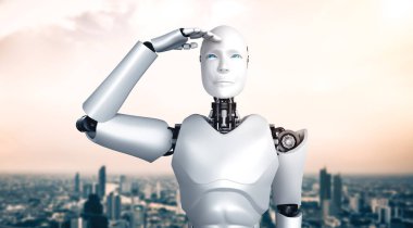 MLB 3D illüstrasyon 3D çizim robotu insansı şehir manzarası siluetine bakıyor. Yapay zekanın gelecekteki gelişimi için liderlik, fikir ve vizyon kavramı.