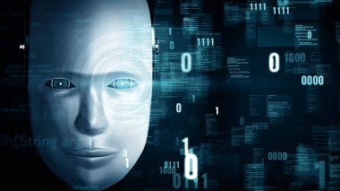 MLB 3d illüstrasyon Futuristik robot yapay zeka insansı yapay zeka programlama kodlama teknolojisi geliştirme ve makine öğrenme kavramı. İnsanlığın geleceği için robot biyonik bilim araştırması