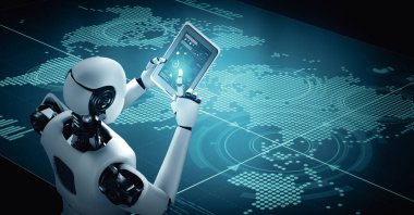 Büyük veri analizi için tablet bilgisayar kullanan MLB 3D illüstrasyon Robot hominoidi. 4. Sanayi devrimi için yapay zeka ve makine öğrenme sürecini kullanarak.