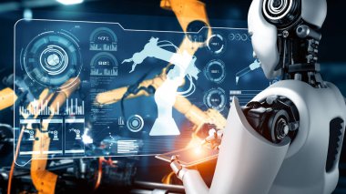 MLB 3D illüstrasyon. Sanayi robotu ve robot silahlar. Fabrika üretiminde kullanılacak. Sanayi devrimi ve otomasyon üretim süreci için yapay zeka kavramı.