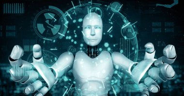 MLB 3d illüstrasyon Fütürist robot yapay zeka insansı yapay zeka endüstriyel fabrika teknolojisi geliştirme ve makine öğrenme konsepti için. İnsanoğlunun geleceği için robotik biyonik bilim araştırması