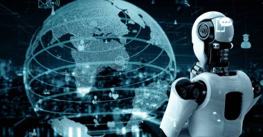 MLB 3d illüstrasyon internet bağlantısı, veri bağlantısını ve siber güvenliği analiz etmek için yapay zeka robotu ve makine öğrenme süreci tarafından kontrol ediliyor. 3B görüntüleme.