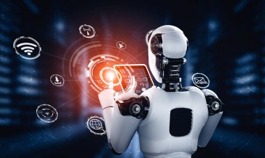 Sanayi devrimi için yapay zeka, yapay zeka ve makine öğrenme yöntemlerini kullanarak küresel ağ bağlantısı için tablet bilgisayar kullanan MLB 3D illüstrasyon robotu. Üç Boyut