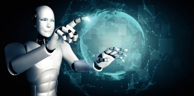 MLB 3d illüstrasyon yapay zeka kullanarak sanal ekrana dokunan yapay robot yapay zeka ile küresel iletişim ağı kavramını gösteriyor. 3B illüstrasyon