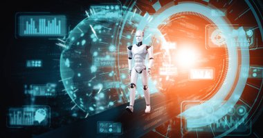 Bilim kurgu fantezi dünyasında MLB 3D robot çizimi. Dördüncü endüstriyel devrim için beyin ve makine öğrenme süreci kavramı.