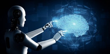 MLB 3d illüstrasyon yapay zeka ve yapay zeka kavramını gösteren sanal hologram ekranına dokunan yapay zeka robot yapay zekası. 3B illüstrasyon.