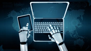 MLB 3D illüstrasyon robotu insansı dizüstü bilgisayarı kullanın ve 4. Endüstri için yapay zeka ve makine öğrenme sürecini kullanarak küresel ağ bağlantısı için masaya oturun.