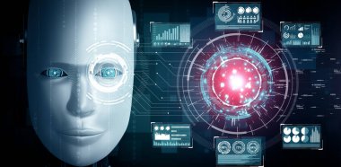 MLB 3D illüstrasyon robotu insansı yüzü, 4. endüstriyel endüstriyel için yapay zeka ve makine öğrenme süreci tarafından yapay zeka ve yapay zeka tarafından büyük veri analizinin grafiksel konseptiyle yakınlaştırılmıştır.