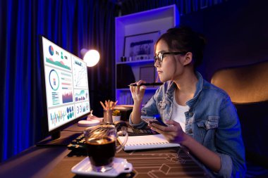 Sunucu kanalı Asyalı etkileyicisi, sosyal medyada kulaklık takarak iş grafikleri ekranında dinleyicileri selamlıyor ve Neon Modern Stüdyoları 'nda internet üzerinden koçluk yapıyor. Taktik.