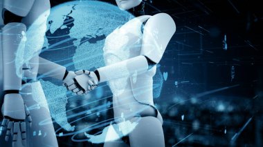 MLB 3d illüstrasyon internet bağlantısı, veri bağlantısını ve siber güvenliği analiz etmek için yapay zeka robotu ve makine öğrenme süreci tarafından kontrol ediliyor. 3B görüntüleme.