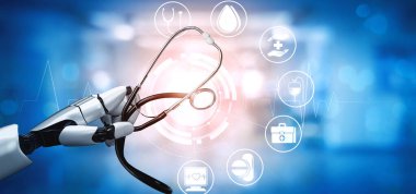 MLB 3D tıbbi yapay zeka robotu geleceğin hastanesinde çalışıyor. Hasta ve biyomedikal teknoloji konsepti için gelecekteki protez sağlık hizmetleri.