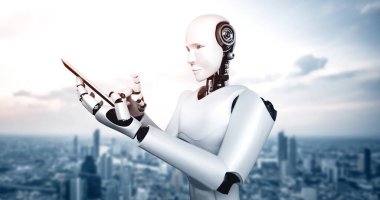 MLB 3D illüstrasyon robotu insansı cep telefonu ya da tablet kullanırken yapay zeka ve makine öğrenme sürecini kullanacak. 4. Sanayi Devrimi 3 boyutlu