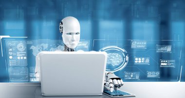 MLB 3D illüstrasyon robotu insansı dizüstü bilgisayarı kullanın ve 4. Endüstriyel Endüstri için yapay zeka, yapay zeka ve makine öğrenme yöntemlerini kullanarak büyük veri analizi için masaya oturun.