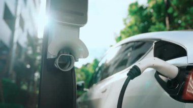 Yavaş çekim EV elektrikli araba yazın yeşil sürdürülebilir şehir bahçesinde şarj oluyor. Kentsel sürdürülebilirlik yaşam tarzı yeşil temiz yeniden şarj edilebilir enerji elektrikli BEV araç iç organları