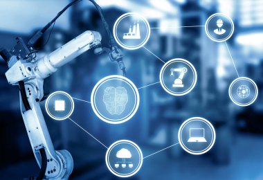 Sanayi 4.0 veya 4. endüstriyel devrimin otomasyon üretim sürecini ve IOT yazılımını gösteren dijital fabrika üretim teknolojisi için MLB Smart endüstri robot kolları.