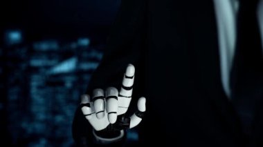 MLP Fütürist Robot Yapay Zeka, yapay zeka, yapay zeka, teknoloji geliştirme ve makine öğrenme kavramlarını aydınlatıyor. İnsan hayatının geleceği için küresel robot biyonik bilim araştırması. 3B görüntüleme grafiği.