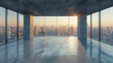Geniş pencerelerden modern ufuk çizgisinin net gündüz görüşünün bulanık arkaplanı. Şehir manzarasının pencere manzarası mavi gökyüzü arkaplanı. Güneşli gün fotoğrafçılığı. Seyahat ve şehir mimarisi konsepti. Aktar.
