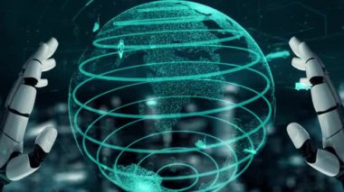 MLP Fütürist Robot Yapay Zeka, yapay zeka, yapay zeka, teknoloji geliştirme ve makine öğrenme kavramlarını aydınlatıyor. İnsan hayatının geleceği için küresel robot biyonik bilim araştırması. 3B görüntüleme grafiği.