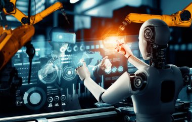 MLP Mekanize Endüstri Robotu ve insan işçileri gelecekteki fabrikada birlikte çalışıyorlar. Sanayi devrimi ve otomasyon üretim süreci için yapay zeka kavramı.