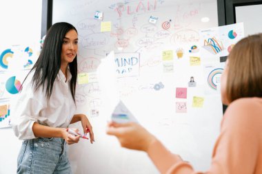 Kafkasyalı genç bir yönetici, iş sorularını güvenle cevaplarken zihin haritası, grafik kullanarak pazarlama stratejisi sunuyor. Takım çalışması, beyin fırtınası, tartışma konsepti. Tertemiz..