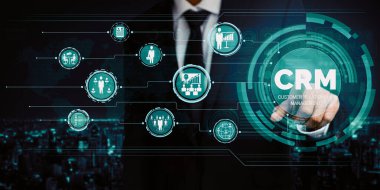 İş satış pazarlama sistemi konsepti için CRM Müşteri İlişkileri Yönetimi CRM veritabanı analizini desteklemek için hizmet uygulamasının fütüristik grafik arayüzünde sunulmuştur. uds