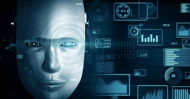 MLP 3d illüstrasyon Gelecek Finansal Teknoloji Kontrolü AI robot insansı makine öğrenimi ve yapay zeka kullanarak iş verilerini analiz ediyor ve yatırım ve ticaret hakkında tavsiyelerde bulunuyor