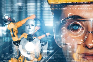 MLP Mekanize Endüstri Robotu ve insan işçileri gelecekteki fabrikada birlikte çalışıyorlar. Sanayi devrimi ve otomasyon üretim süreci için yapay zeka kavramı.