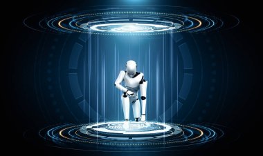 Bilim kurgu fantezi dünyasında MLP 3D robot çizimi. Dördüncü endüstriyel devrim için beyin ve makine öğrenme süreci kavramı.