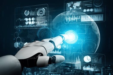 MLP 3D Rending futuristik robot teknolojisi geliştirme, yapay zeka yapay zeka ve makine öğrenme konsepti. İnsan hayatının geleceği için küresel robot biyonik bilim araştırması.