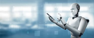 MLP 3D illüstrasyon robotu insansı cep telefonu ya da tablet kullanırken yapay zeka ve makine öğrenme sürecini kullanacak. 4. Sanayi Devrimi 3 boyutlu