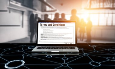 Dijital yasal sözleşme, gelecekteki iş anlaşmalarının imzalanması için gerekli koşulları ve şartları bilgisayar ekranında sunar.