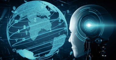 MLP 3d illüstrasyon Futuristik robot yapay zeka Huminoid yapay zeka endüstriyel fabrika teknolojisi geliştirme ve makine öğrenme konsepti için. İnsanoğlunun geleceği için robotik biyonik bilim araştırması