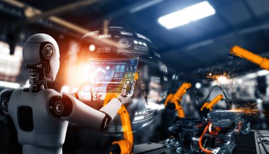 MLP Mekanize Endüstri Robotu ve robot silahları fabrika üretiminde kullanılacak. Sanayi devrimi ve otomasyon üretim süreci için yapay zeka kavramı.