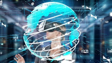 Dünya finans verilerini VR gözlükleriyle inceleyen bir kadın sunucudaki dijital bilgi ağı teknolojisi sanal gerçeklik animasyonunu küresel arayüze dönüştürüyor. Kısıtlanma.