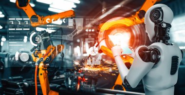 MLP Mekanize Endüstri Robotu ve robot silahları fabrika üretiminde kullanılacak. Sanayi devrimi ve otomasyon üretim süreci için yapay zeka kavramı.