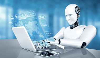 MLP 3D illüstrasyon robotu insansı dizüstü bilgisayarı kullanın ve 4. Endüstriyel Endüstri için yapay zeka, yapay zeka ve makine öğrenme yöntemlerini kullanarak büyük veri analizi için masaya oturun.