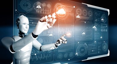 MLP 3d illüstrasyon yapay zeka robotu bulut hesaplama teknolojisini kullanarak çevrimiçi sunucuda veri depoluyor. Makine öğrenme süreciyle analiz edilen gelecekteki bulut bilgi depolama kavramı. 3B görüntüleme
