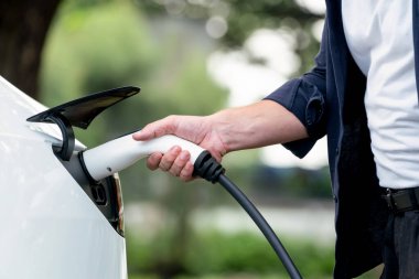 Yolculuk sırasında doğal orman ya da milli parktaki elektrikli araba için şarj olan bir adam. Tatil ve tatil boyunca çevre dostu seyahat. Yükselt